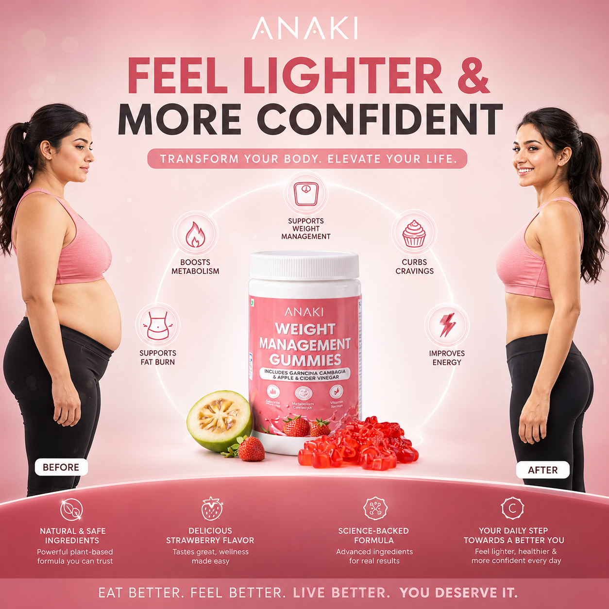 Anaki Weight Loss Support Gummies - No Sugar Added , With Garcinia and Apple Cider Vineger