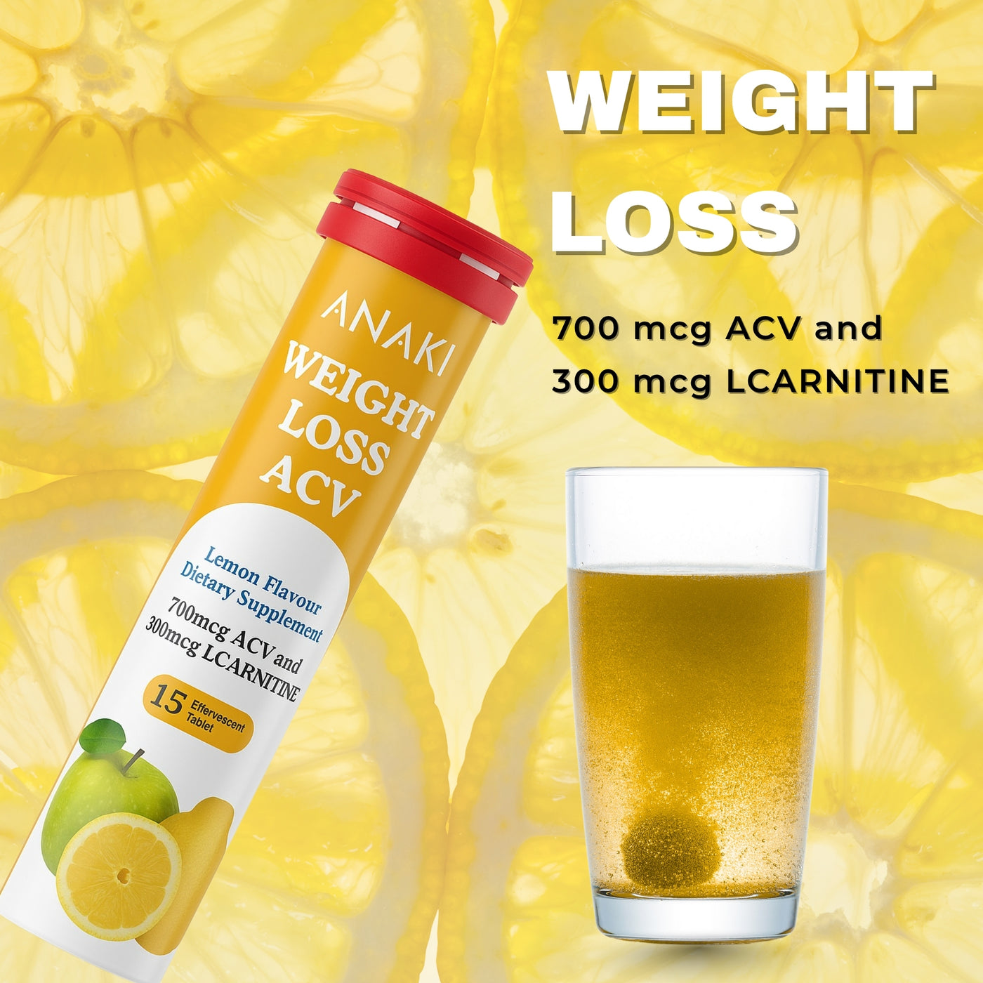 Weight Loss Effervescent Tablet - 300mcg L-Carnitine || 700 mcg Acv- Lemon Flavour