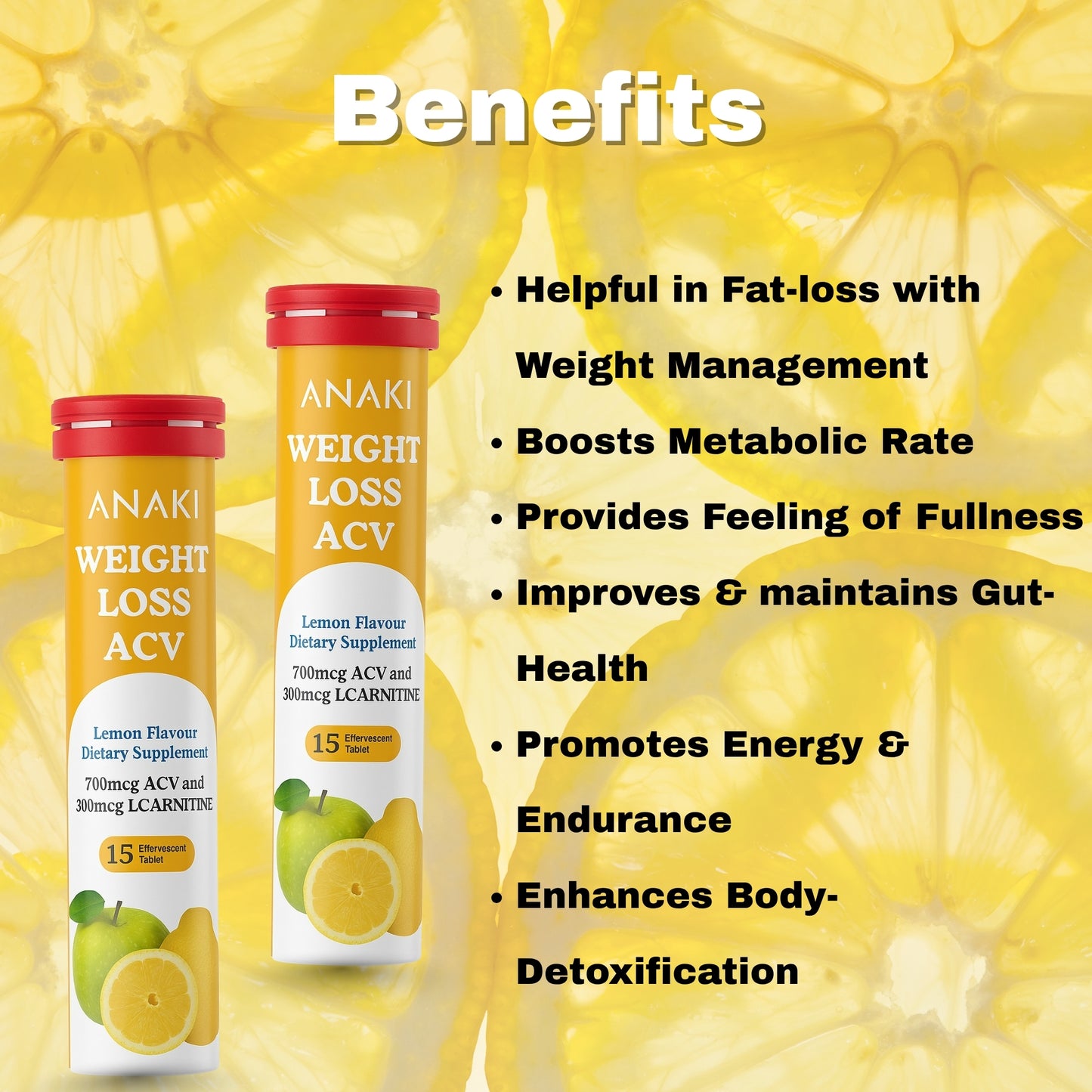 Weight Loss Effervescent Tablet - 300mcg L-Carnitine || 700 mcg Acv- Lemon Flavour