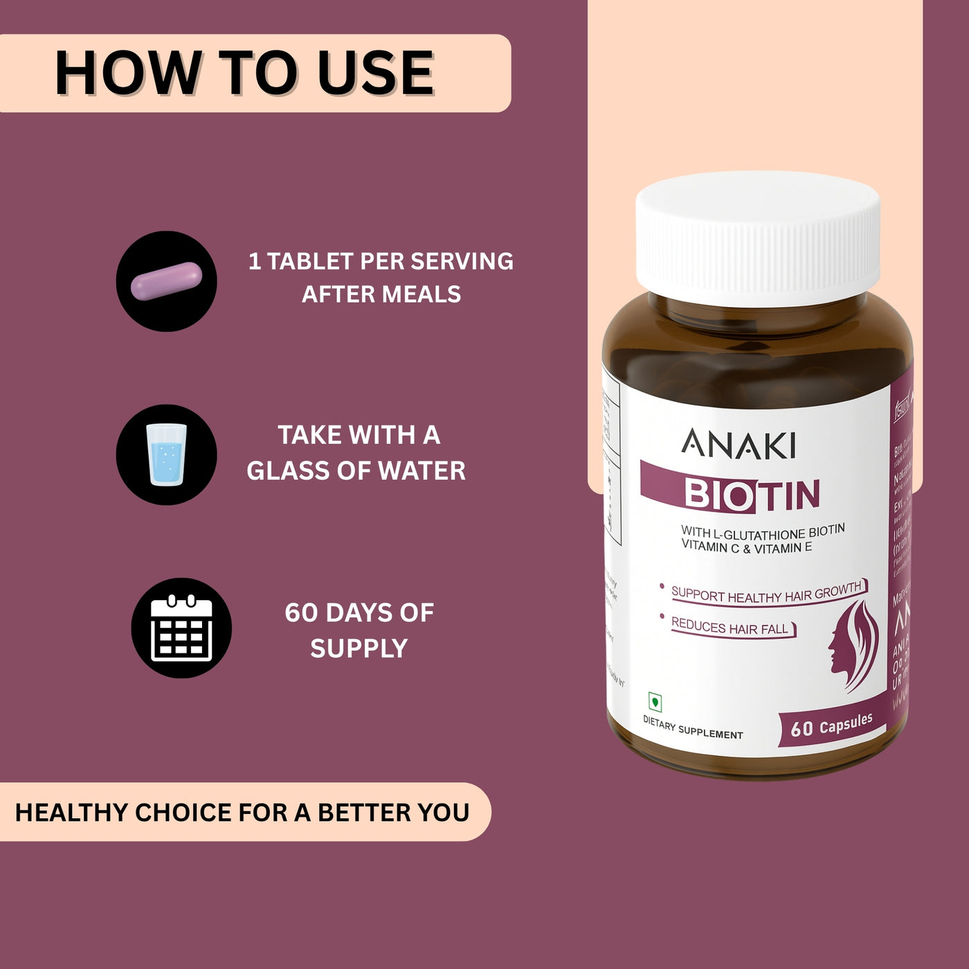 Biotin Capsules for Hair,Nails and Skin - With L-Glutathione, Boitin , Vitamin C & Vitamin E