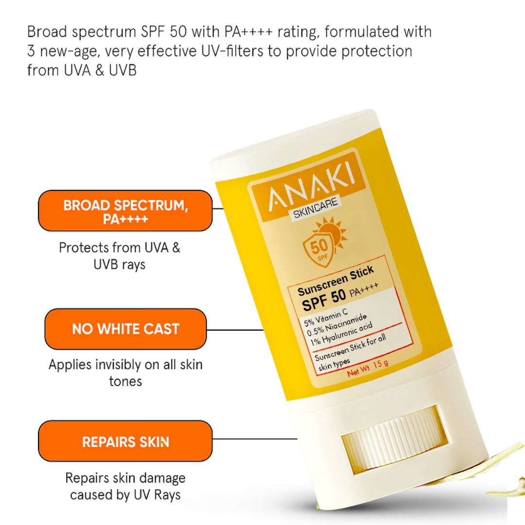 Anaki Sunscreen  Stick For Normal Skin Type Stick Spf 50, Pa++++ With Vitamin C, Niacinamide, Vitamin E | Water Resistant, Lightweight, No White Cast | Men & Women | - 15 Gm