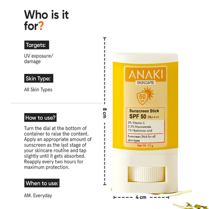 Anaki Sunscreen  Stick For Normal Skin Type Stick Spf 50, Pa++++ With Vitamin C, Niacinamide, Vitamin E | Water Resistant, Lightweight, No White Cast | Men & Women | - 15 Gm