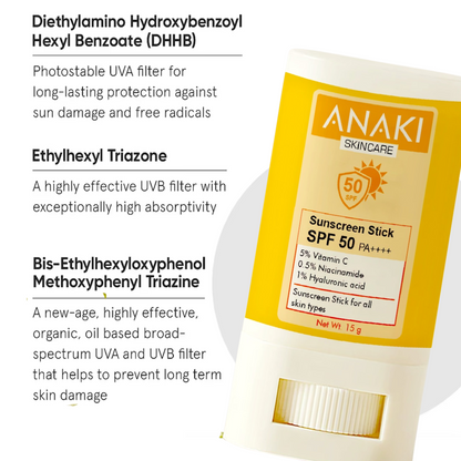 Anaki Sunscreen  Stick For Normal Skin Type Stick Spf 50, Pa++++ With Vitamin C, Niacinamide, Vitamin E | Water Resistant, Lightweight, No White Cast | Men & Women | - 15 Gm