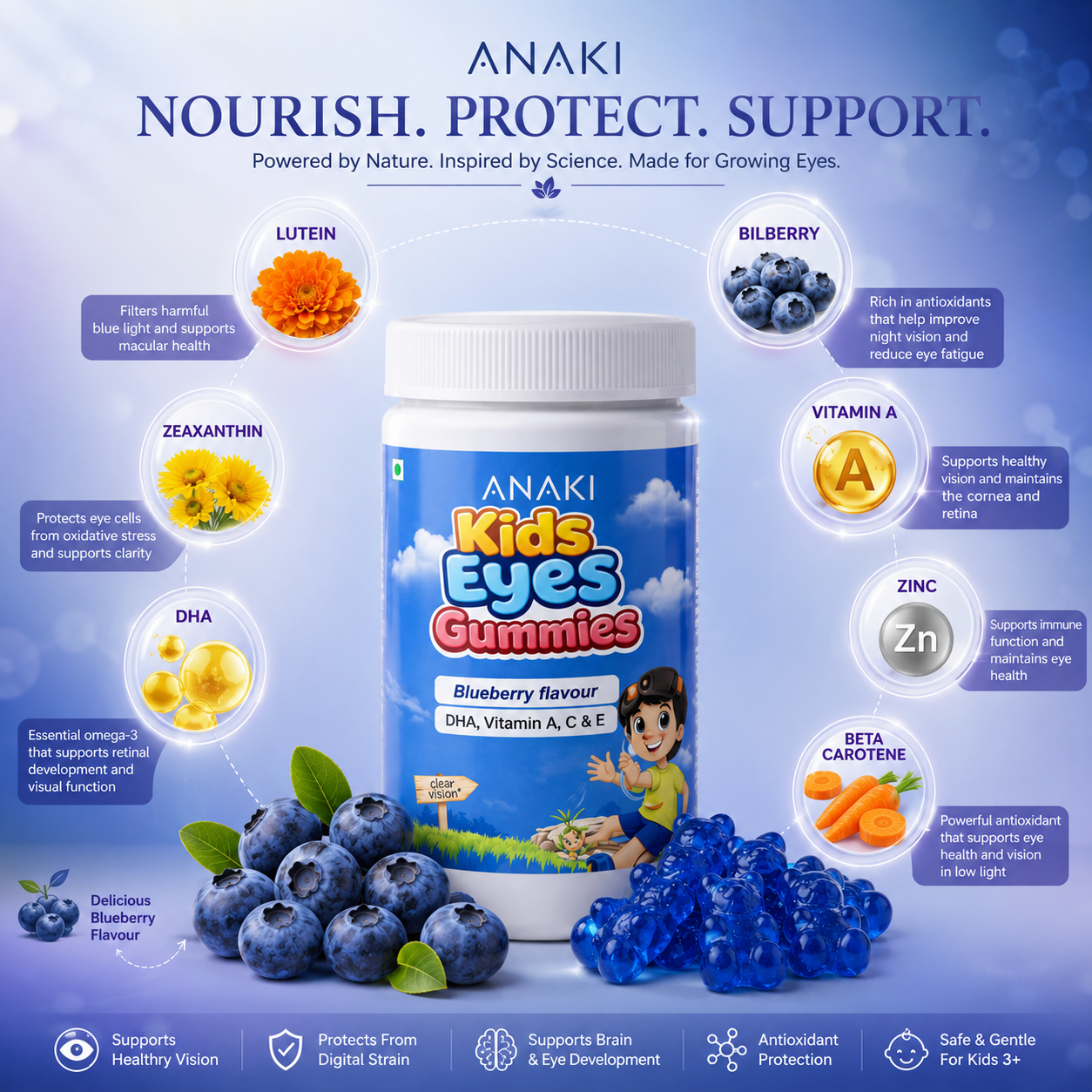 Anaki Kids Eyes Gummies for Vision Support | Lutein, Vitamin A & Zinc | Eye Health Supplement for Kids | Tasty Chewable Gummies | 30 Count-2+
