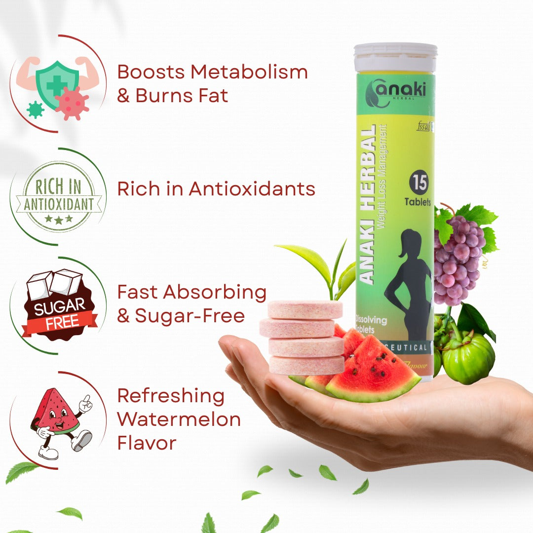Anaki Weight Loss Effervescent Tablet with Garcinia Cambogi | Green Coffee Bean | Black Pepper Ext - Watermelon Flavour