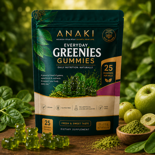 Anaki Greenies Superfood Sugar-Free Gummies, Superfood Gummy Vitamins for Women and Men with Spirulina, Chlorella, Adaptogens & Prebiotic Fiber for Digestive Health