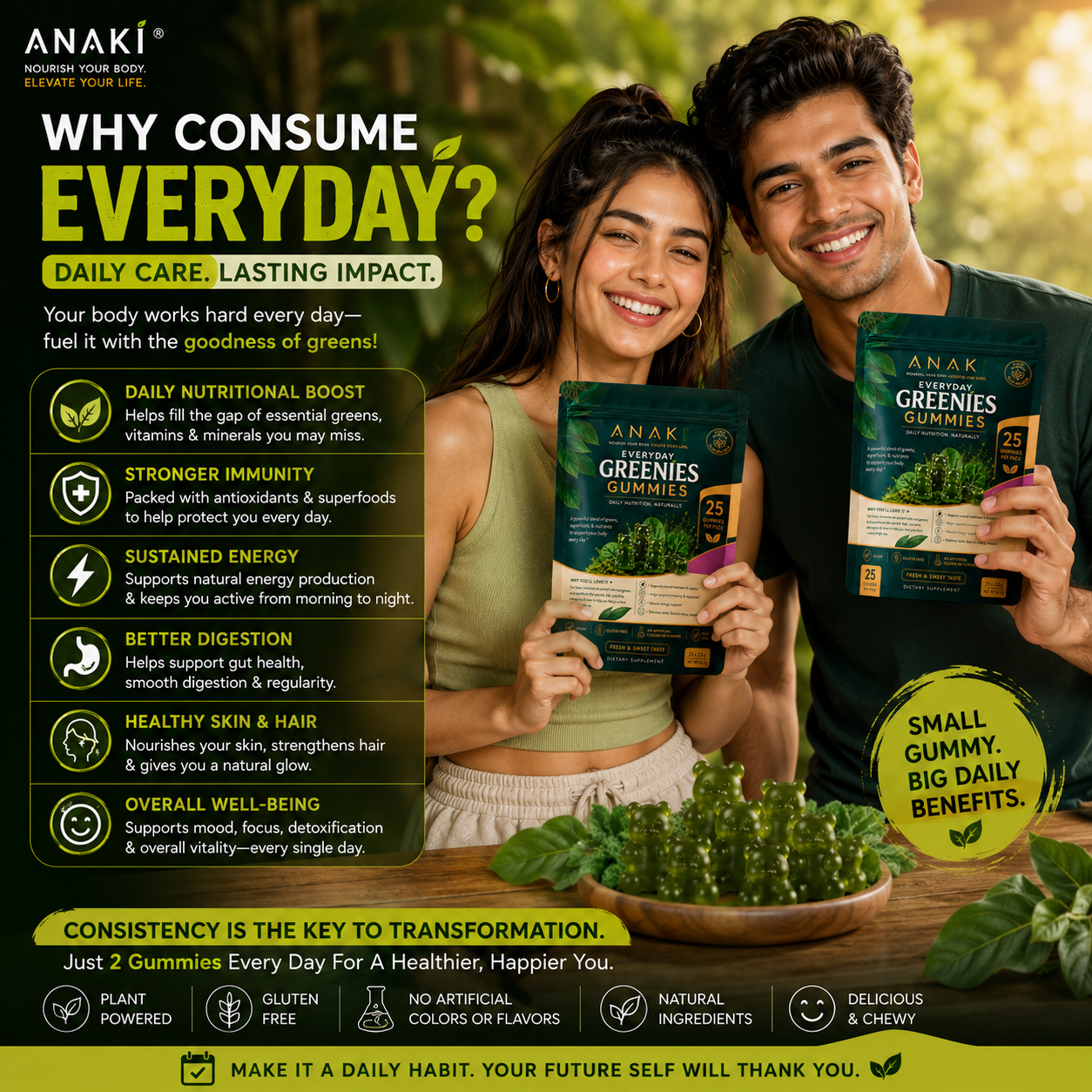 Anaki Greenies Superfood Sugar-Free Gummies, Superfood Gummy Vitamins for Women and Men with Spirulina, Chlorella, Adaptogens & Prebiotic Fiber for Digestive Health