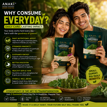 Anaki Greenies Superfood Sugar-Free Gummies, Superfood Gummy Vitamins for Women and Men with Spirulina, Chlorella, Adaptogens & Prebiotic Fiber for Digestive Health