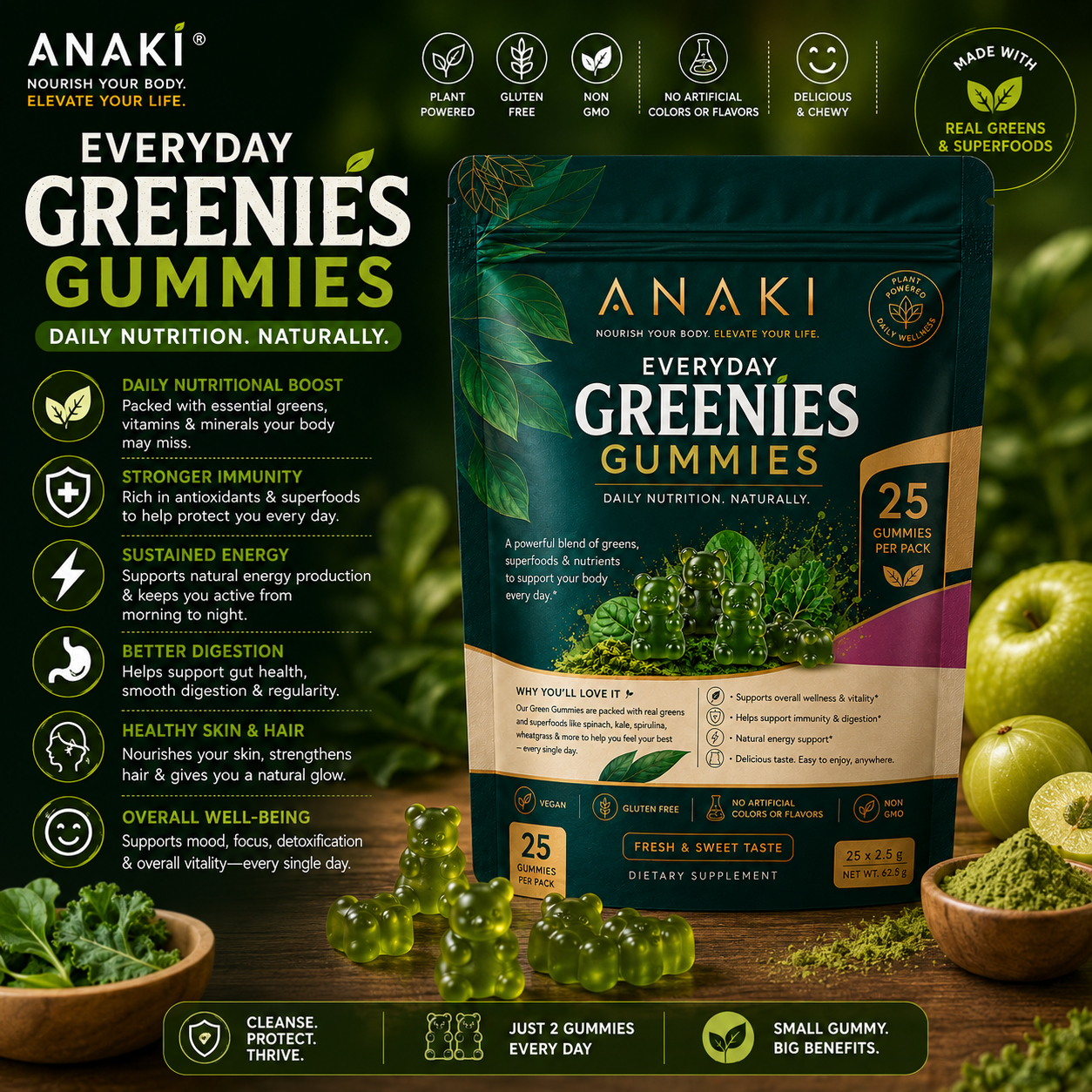 Anaki Greenies Superfood Sugar-Free Gummies, Superfood Gummy Vitamins for Women and Men with Spirulina, Chlorella, Adaptogens & Prebiotic Fiber for Digestive Health