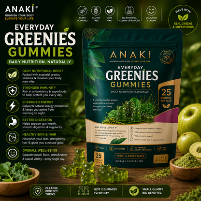 Anaki Greenies Superfood Sugar-Free Gummies, Superfood Gummy Vitamins for Women and Men with Spirulina, Chlorella, Adaptogens & Prebiotic Fiber for Digestive Health