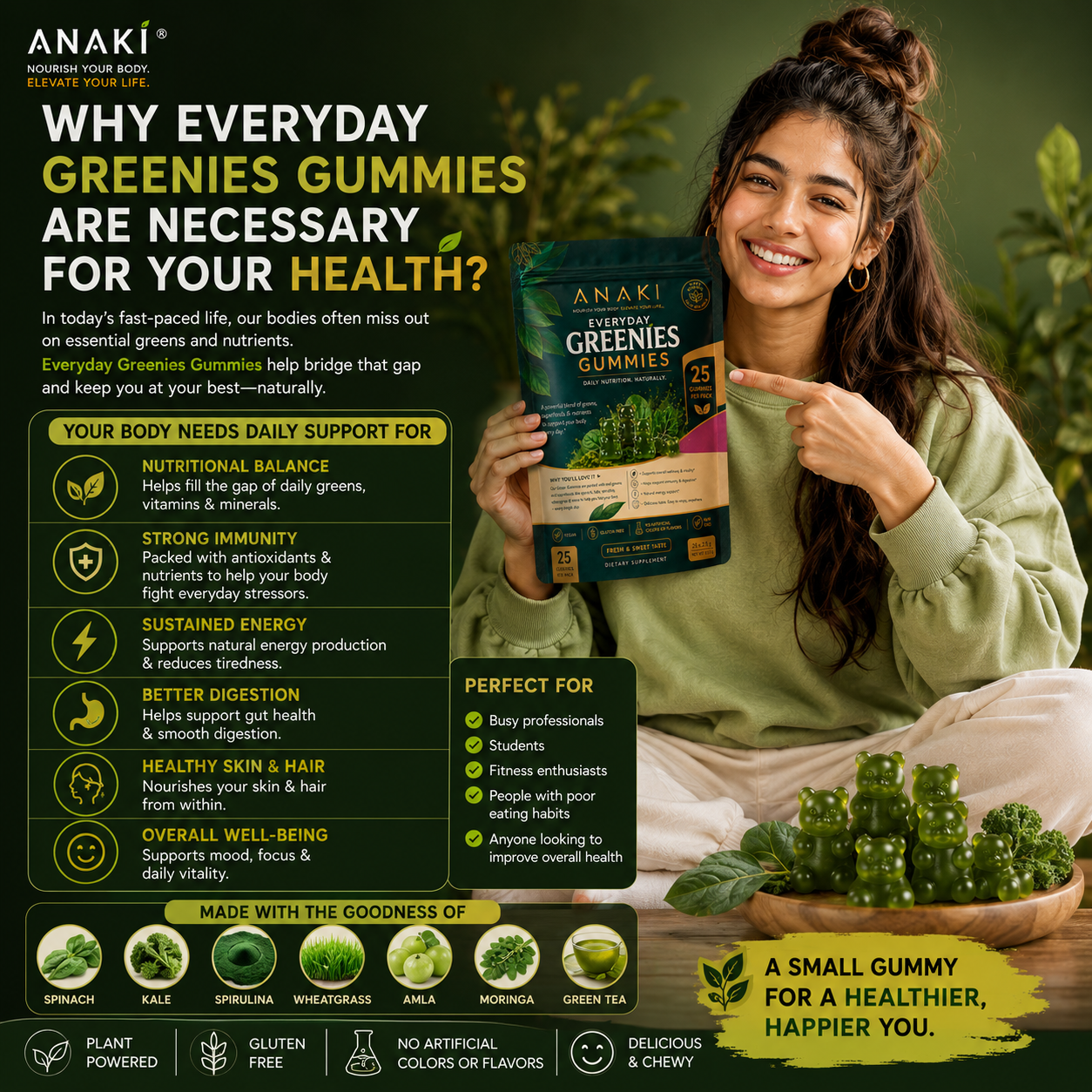 Anaki Greenies Superfood Sugar-Free Gummies, Superfood Gummy Vitamins for Women and Men with Spirulina, Chlorella, Adaptogens & Prebiotic Fiber for Digestive Health