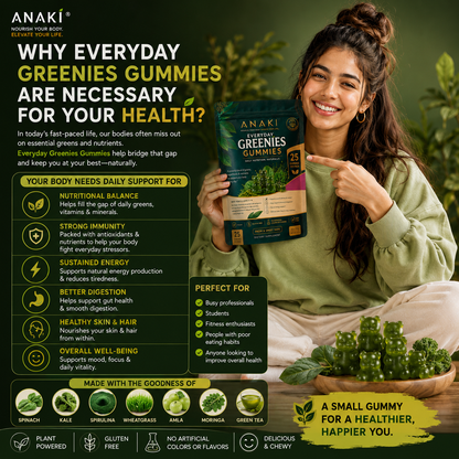 Anaki Greenies Superfood Sugar-Free Gummies, Superfood Gummy Vitamins for Women and Men with Spirulina, Chlorella, Adaptogens & Prebiotic Fiber for Digestive Health