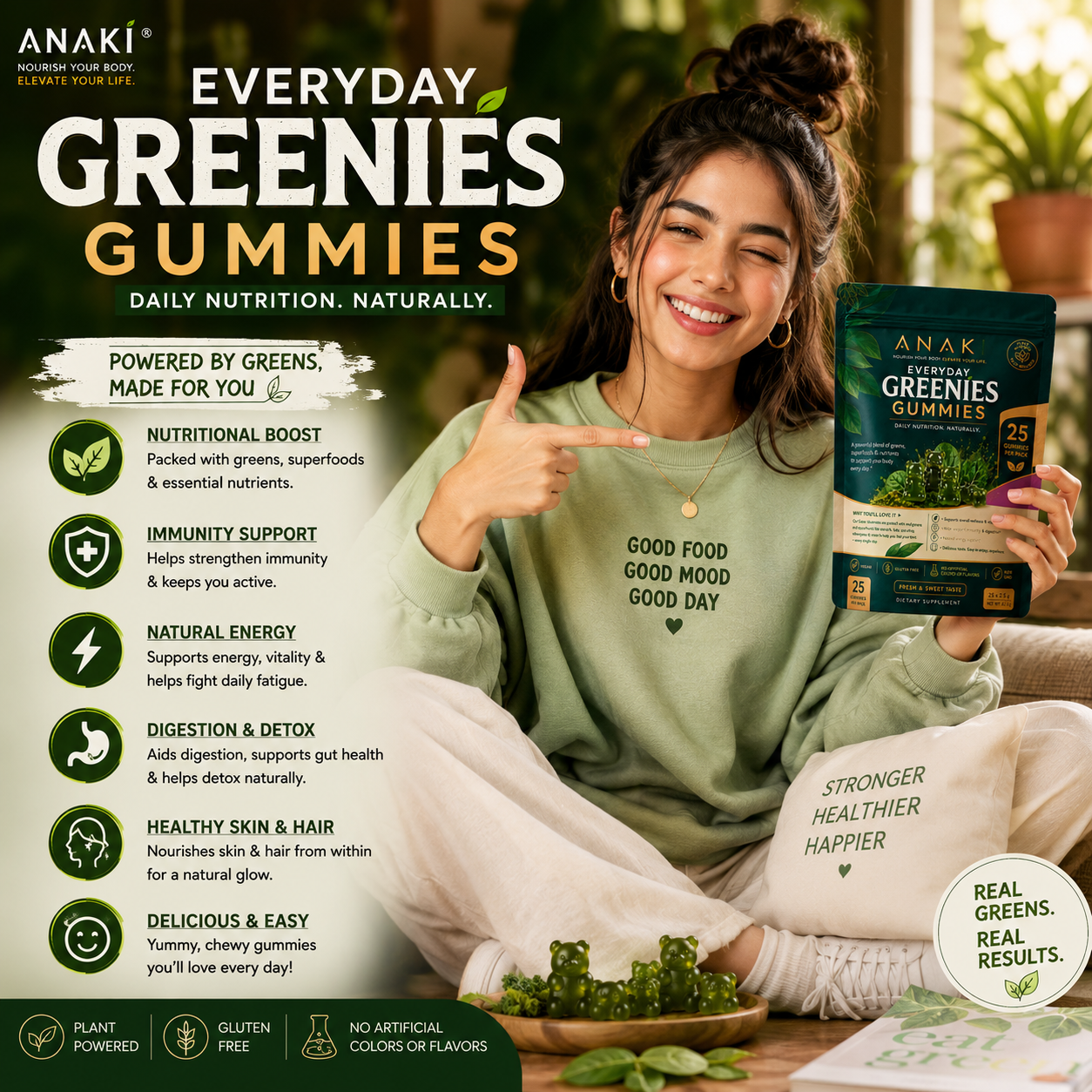 Anaki Greenies Superfood Sugar-Free Gummies, Superfood Gummy Vitamins for Women and Men with Spirulina, Chlorella, Adaptogens & Prebiotic Fiber for Digestive Health