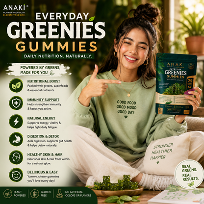 Anaki Greenies Superfood Sugar-Free Gummies, Superfood Gummy Vitamins for Women and Men with Spirulina, Chlorella, Adaptogens & Prebiotic Fiber for Digestive Health