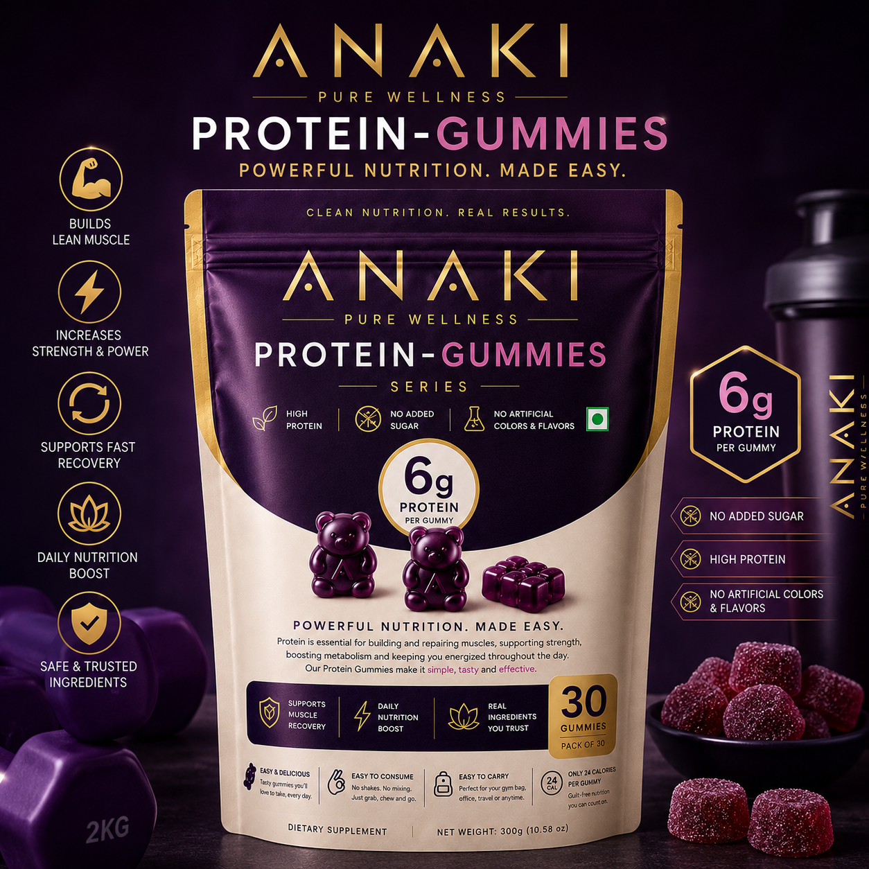 Anaki Protein Gummies - Sugar Free, 6GM Protein In Every Gummy, Daily Nutrition Boost